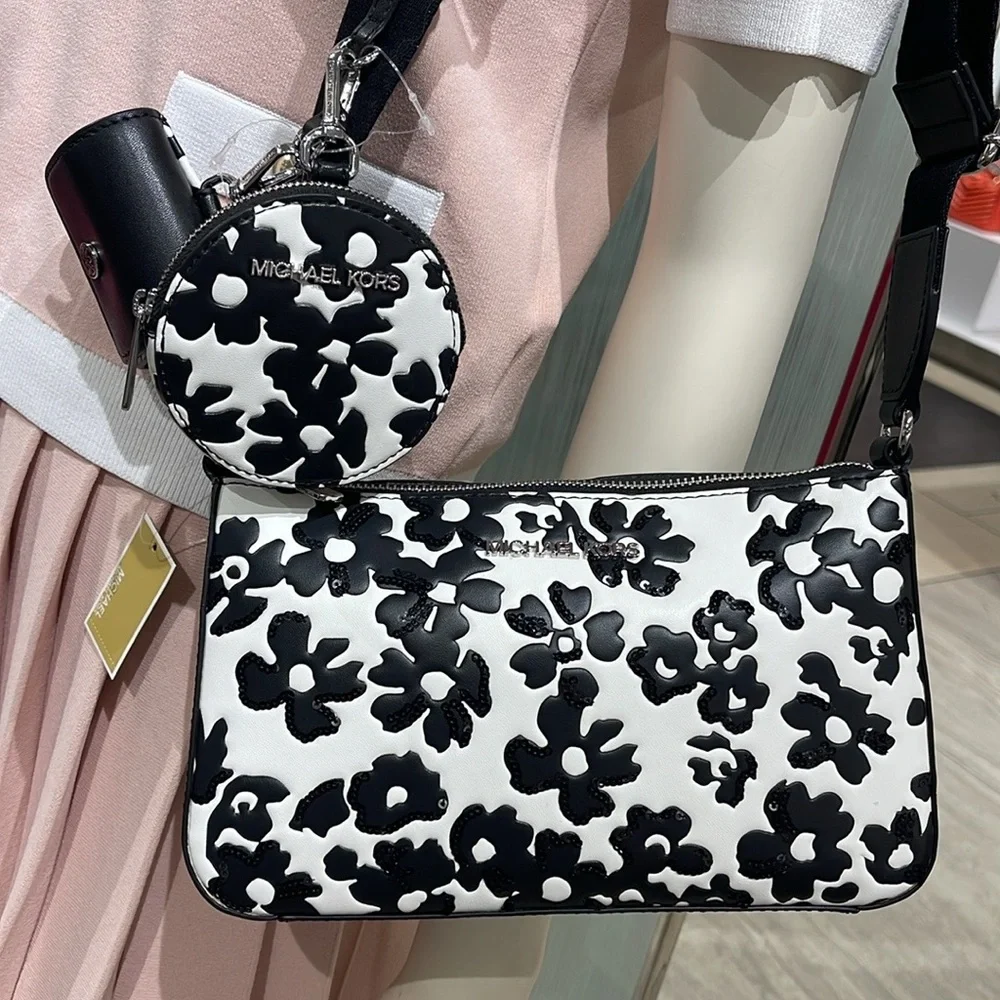 MICHAEL KORS Jet Set Sm Sequined Floral Print Crossbody w Case for Apple Airpods - Picture 8 of 16